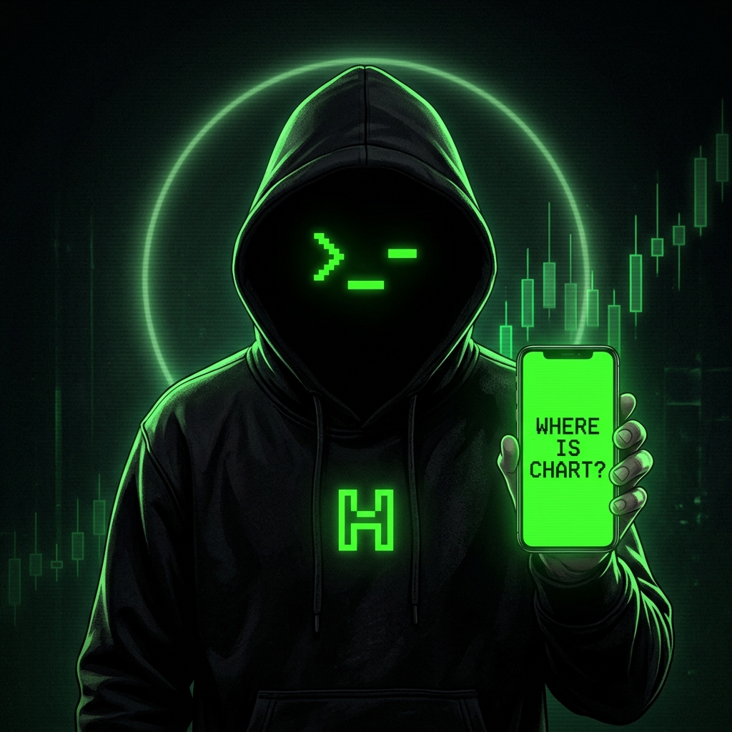 Hooded figure holding phone: where is chart?